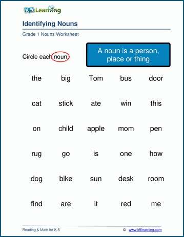 Identifying nouns worksheets for grade 1 | K5 Learning Special Names Worksheet For Grade 1, Grade 1 Nouns Worksheet, Identifying Nouns Worksheet, Naming Words Worksheet For Class 1, Naming Words For Class 1, Naming Words Worksheet For Grade 1, Noun Worksheet Grade 3, K5 Learning Worksheets, Noun Worksheet For Grade 1