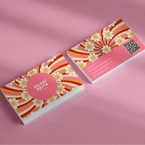 Retro Groovy Pink Colorful QR Code 70s Floral Salon Branding Ideas, Salon Branding Design, Retro Beauty Salon, Beauty Salon Branding, Groovy Pattern, Retro Business Card, Trendy Business Cards, Branding Design Ideas, Fringe Hair