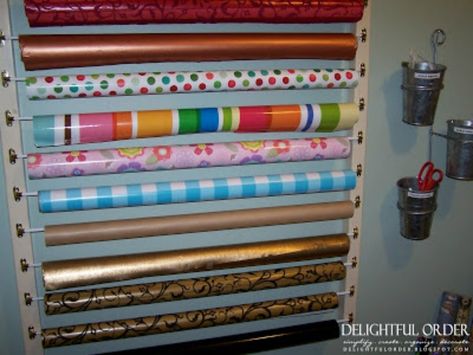 Wrapping Paper Station, Wrapping Paper Holder, Wrapping Paper Organization, Cafe Rod, Cafe Curtain Rods, Gift Wrapping Station, Wrapping Paper Storage, Wrapping Station, Craft Room Design