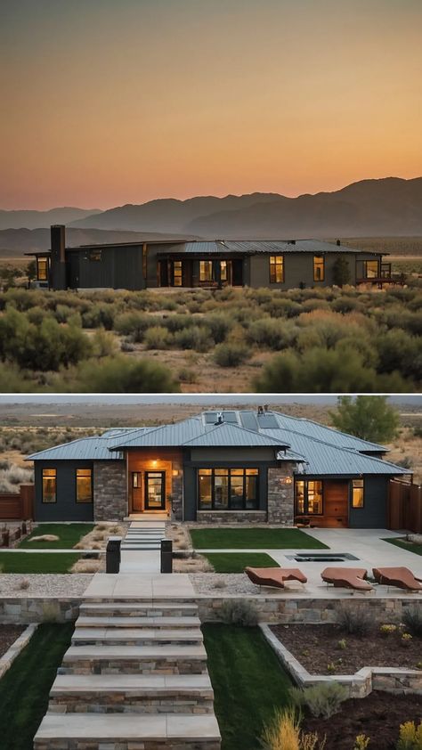 17 Modern Ranch House Ideas: Where Style Meets Practicality 44 Modern Ranch Exterior Makeover, Remodeled Ranch Style Homes, Hip Roof House, Modern Ranch House Exterior, Arizona House Plans, Modern Ranch Exterior, Contemporary Ranch Home, Modern Ranch House Plans, Modern Ranch Style Homes