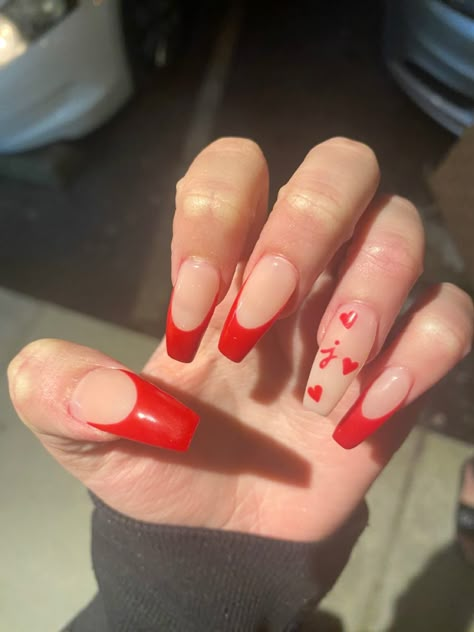 red french tip nails in coffin shape Nails With The Letter V On Them, Nails With Hearts And Initials, Acrylics With J Initial Nails, Initial Nails With Heart, Valentines Inital Nails, French Tip Nails With Initial Design, Acrylic Nails W Initials, Red Nails With Bf Initials, Nail Inspiration Initials