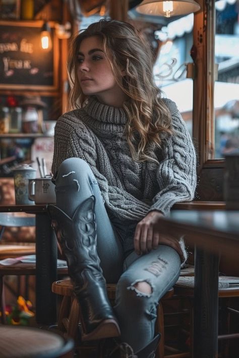 Winter Fall Outfits Women, Casual Cozy Fall Outfits, Cowboy Boots Work Outfit Women, Southwest Outfits Women, Womens Winter Boots Outfits, Cowboy Boot Outfits Winter, Sweater And Boots Outfit, Boot Outfit Women, Country Style Clothes