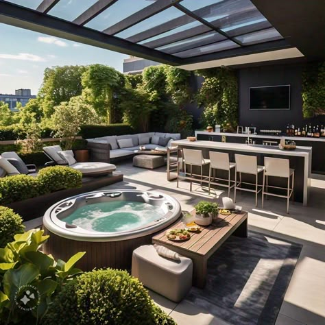 Penthouse Terrace Garden, Roof Garden With Jacuzzi, Covered Jacuzzi Outdoor Ideas, Rooftop Jacuzzi Ideas, Big Balcony Ideas Terraces, Penthouse Garden Rooftop Terrace, Rooftop Terrace Design Penthouses, Rooftop Terrace Pool, Open Terrace Ideas