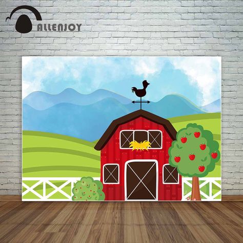 Allenjoy countryside farmland with red barn tree and mountains baby backdrop backdrop decorations for home photographic backdrop Farm Vbs Decorations, Farm Vbs, Farm Backdrop, Sunflower Birthday Parties, Barn Backdrop, Farm Animals Birthday, Farmhouse Blue, Sunflower Birthday, Vbs Decorations