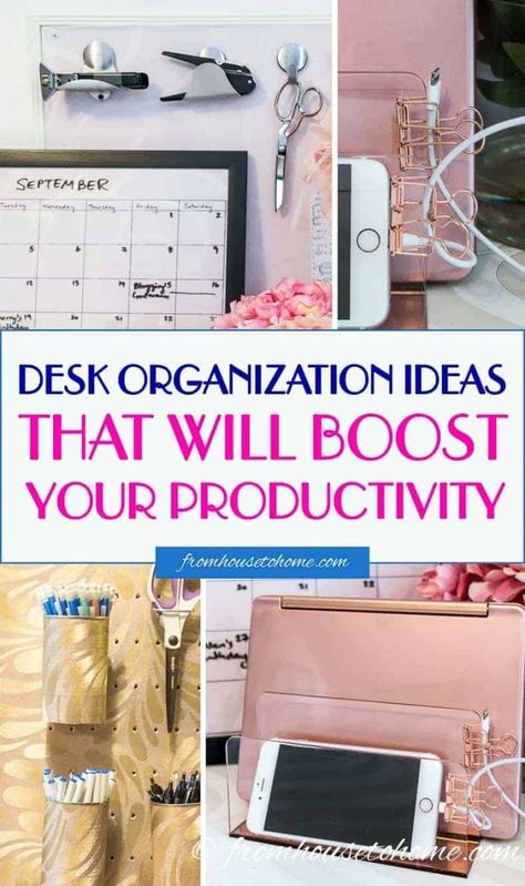 These desk organization hacks will help to get your home office organized. And they look gorgeous, too! #fromhousetohome #deskorganization #homeoffice #organizing #officeorganization Organizing Ideas Bathroom, Office Organization Desk, Tool Storage Garage, Magnetic Spice Tins, Storage Ideas Bathroom, Gold Office Supplies, Desk Redo, Office Desk Organization, Organized Desk