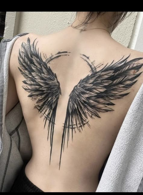 Back Tattoo Pattern, Angle Wing Tattoos Back, Back Tattoos For Women Quotes, Dragon Wings Back Tattoo Women, Bird Back Piece Tattoo, Lighting Tattoo Back, Intense Tattoo Ideas, Viking Tattoo Sleeve For Women, Wing Tattoos Women