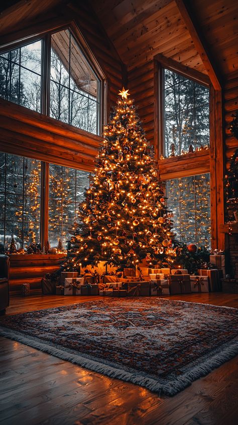 Wood Cabin Christmas, Woodsy Christmas Tree Ideas, Cabin Christmas Aesthetic, Fairy Lights Wallpaper, Christmas Cozy Aesthetic, Christmas Cabin In The Woods, Cozy Christmas Wallpaper, Winter Aesthetic Cozy, Warm Christmas Decor