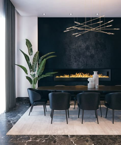 Wrong colours, but love light, feature wall fireplace - chairs maybe (perhaps too corporate?) Design Interior Modern, Mid Century Dining Room, Dining Suites, Dining Room Design Modern, Desain Pantry, Black Chairs, Black Dining, Black Dining Room, Luxury Dining Room