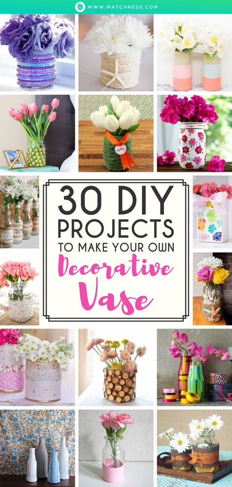 30 DIY Projects to Make Your Own Decorative Vase - Matchness.com Repurposed Vases Diy Projects, How To Decorate Glass Vases, Repurpose Glass Vases, Decorate Vases Ideas, Upcycle Glass Vases, Glass Flower Vase Ideas, Diy Vases Ideas Decoration, Diy Vases Ideas, Diy Vase Ideas Recycling