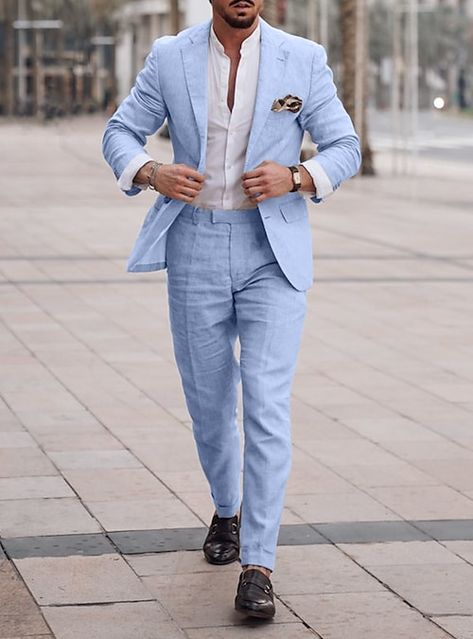 Light Blue Suits For Men, Light Blue Suits, King Magnifico, Linen Suit Men, Wedding Guest Men, Blue Linen Suit, Linen Suits For Men, Light Blue Suit