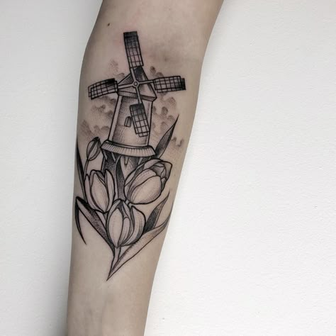 Traditional Windmill Tattoo, Windmill And Tulips Tattoo, Netherlands Tattoo Ideas, Holland Tattoo Ideas, Dutch Tattoo Ideas, Netherlands Tattoo, Holiday Tattoo Ideas, Windmill Tattoo, Tattoos Script