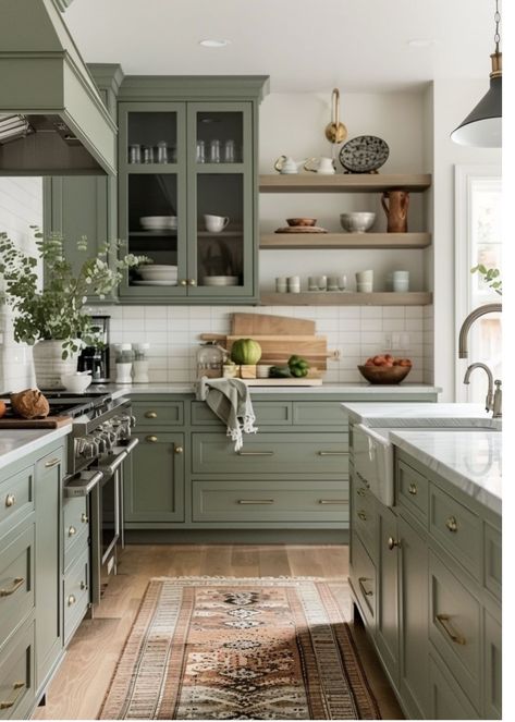 Eclectic Vintage Kitchen, Sage Green Cabinets, Teal Kitchen Cabinets, Sage Green Kitchen, Reduce Your Carbon Footprint, Green Kitchen Cabinets, Green Cabinets, Kitchen Cabinet Colors, Going Green