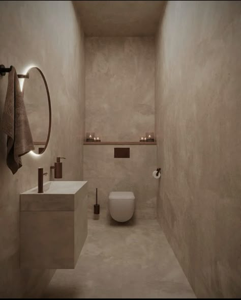 Limewash Toilet Room, Concrete Toilet Design, Beige Concrete Bathroom, Microcement Toilet Design, Wabi Sabi Restroom, Wabi Sabi Toilet Design, Wabi Sabi Toilet, Concrete Powder Room, Spa Toilet