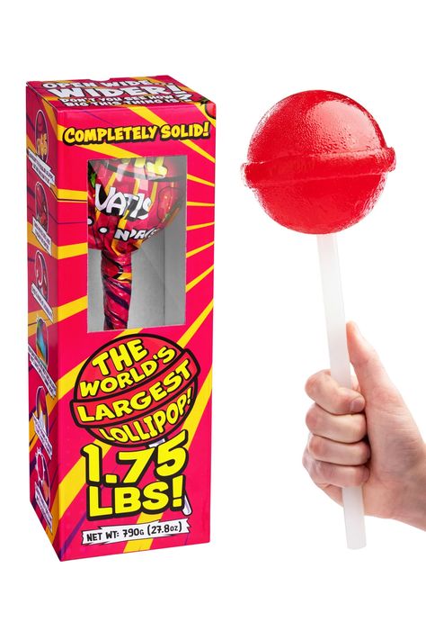 This giant lollipop is 65X larger than a normal lollipop, weighs almost 2 pounds, is 2,880 calories, and is estimated to take 20,000 licks to reach the center. Big Lollipop, Giant Lollipop, Big Lollipops, Large Lollipops, Giant Lollipops, Cute Online Clothing Stores, Startup Branding, Snack Treat, Birthday Toys