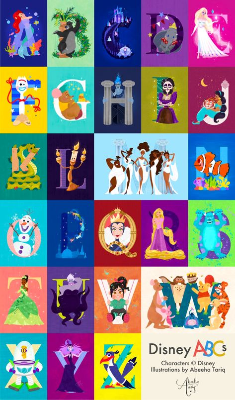 Disney Characters Letters, Disney Character Names, Illustration Alphabet, Alphabet Disney, Disney Names, Disney Letters, Disney Alphabet, Disney Movie Posters, Abc Art