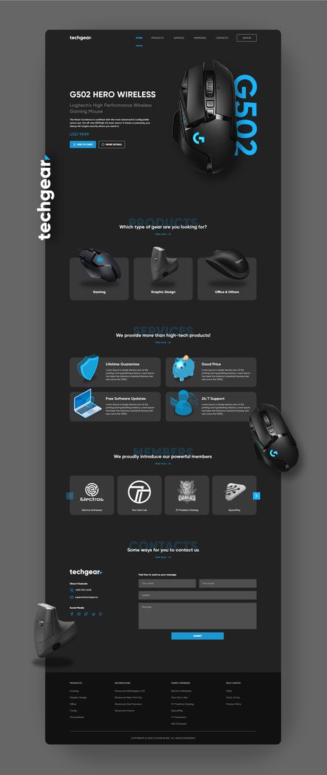 Techgear Landingpage — Design Freebies on UI8 Gadgets Website Design, Website Design Dark Theme, Computer Website Design, Dark Theme Web Design, Dark Theme Landing Page, Website Theme Ideas, Website Product Page Design, Web Design Dark, E Commerce Web Design