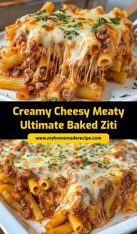 This Creamy Cheesy Meaty Baked Ziti is loaded with rich sauce, ground meat, ricotta, and plenty of melted cheese. It’s a hearty, comforting dish that’s perfect for family dinners or gatherings. Easy to make and even better to eat! #BakedZiti #CheesyBakedZiti #ComfortFood #EasyPastaRecipes #FamilyDinner Easy Meat Meals For Dinner, Baked Ziti With Mushrooms, Baked Ziti Pasta Recipes, Dinner For Family Of Four, Bakes Ziti With Ground Beef, Meal Ideas Using Ground Beef, Ground Beef Ziti Recipes, Baked Ziti Ground Turkey, Hardy Dinner Ideas