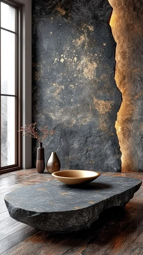 Black Stone Table, Stone Walls Interior, Stone Wall Design, Gold Beach, Wall Texture Design, Stone Table, Interior Wall Design, White Powder, Wall Decor Design