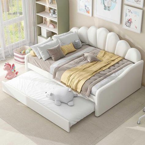 Amazon.com: SOFTSEA Full Upholstered Daybed with Trundle, Velvet Upholstered Daybed with Shell Shaped Backrest, Full Size Sofa Bed Frame for Bedroom Living Room Guest Room, Beige : Home & Kitchen Coastal Theme Bedroom, Full Daybed With Trundle, Full Daybed, Full Size Daybed, Daybed Frame, Twin Daybed, Solid Wood Bed Frame, Daybed Bedding, Upholstered Daybed