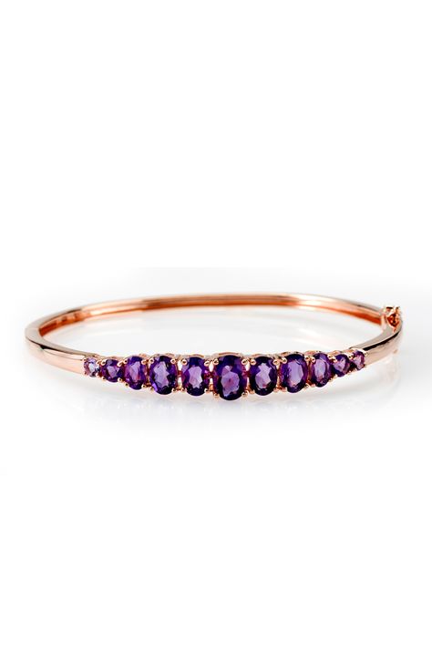 Poised in purple! This rose gold + amethyst bracelet is a beauty. | 5.17ctw Oval And Round African Amethyst 18k Rose Gold Over Silver Bangle Bracelet Diamond Gold Bracelet, Silver Bangle Bracelet, Purple Jewelry, Jewelry Television, Jtv Jewelry, Amethyst Gold, Amethyst Bracelet, Silver Bangle Bracelets, Purple Stones