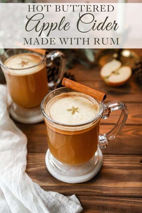 Buttered Apple Cider, Buttered Rum Drink, Hot Cider Recipe, Cider Alcohol Drinks, Apple Cider Alcohol, Hot Cider Recipes, Summer Drink Recipes Nonalcoholic, Hot Butter Rum, Buttered Rum Recipe