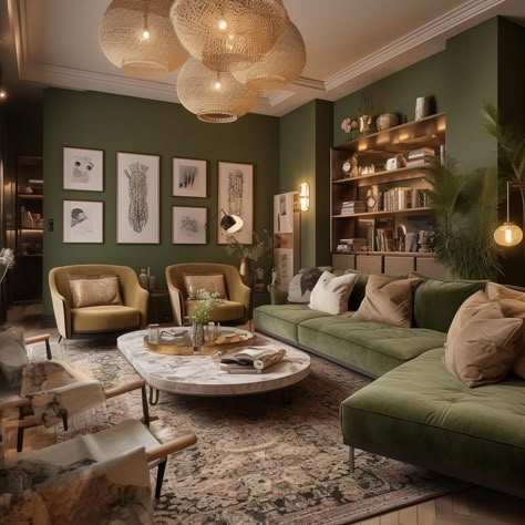 Dark Living Room Ideas, Green Walls Living Room, Dark Green Living Room, Green Living Room Decor, Dark Green Walls, Dark Living Rooms, Green Couch, Green Walls, Living Room Green