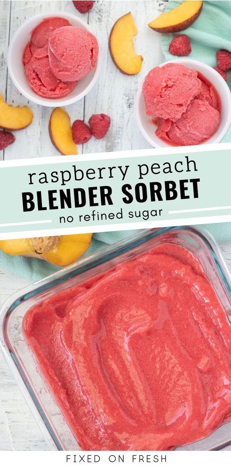 Frozen Fruit Sorbet Food Processor, Homemade Fruit Sorbet Healthy, Fresh Fruit Sorbet Recipes, Healthy Fruit Sorbet, Blender Sorbet Recipes, Fresh Fruit Recipes Healthy, No Churn Sorbet, Peach Sorbet Recipes, 3 Ingredient Sorbet