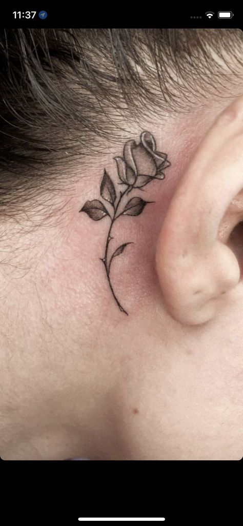 Baby Breath Tattoo, Rose Bud Tattoo, Rose Outline Tattoo, Rose Tattoo Behind Ear, Anklet Tattoos For Women, Gentleman Tattoo, Inner Ear Tattoo, Rose Vine Tattoos, Small Tattoo Ideas For Men