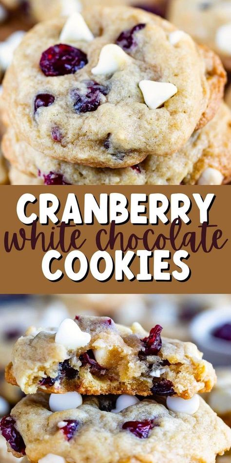 White Chocolate Cranberry Cookies are the perfect easy cookie recipe full of dried cranberries and white chocolate chips. This is the perfect holiday cookie recipe! Cranberry White Chocolate Cookies, Craisin Cookies, Dried Cranberries Recipes, Cranberry White Chocolate Chip Cookies, Festive Cookie Recipes, Cookies 2023, Chocolate Cranberry Cookies, Cranberry Cookies Recipes, Cranberry White Chocolate