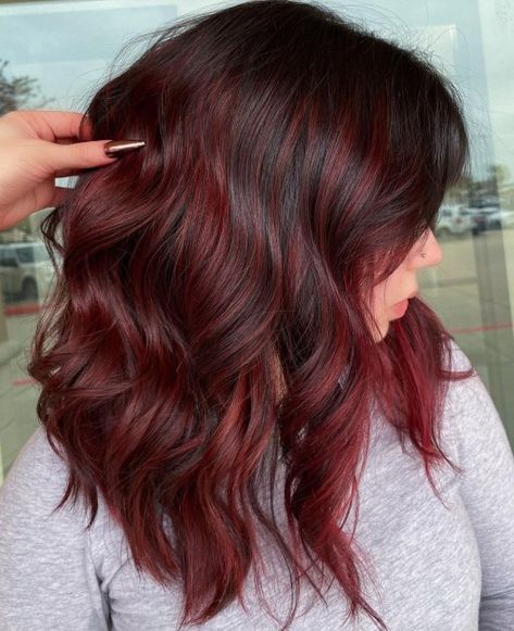 Cool-Tone Mocha Red Balayage Hair Red Balayage Short Hair Brunettes, Red On Brown Balayage, Chocolate And Red Hair Color, Red Wine Hair Color Balayage, Red Balayage Hair On Brown Hair, Red Hair With Brunette Roots, Balayage Hair With Red Tones, Brunettes With Red Hair, Red Tone Balayage