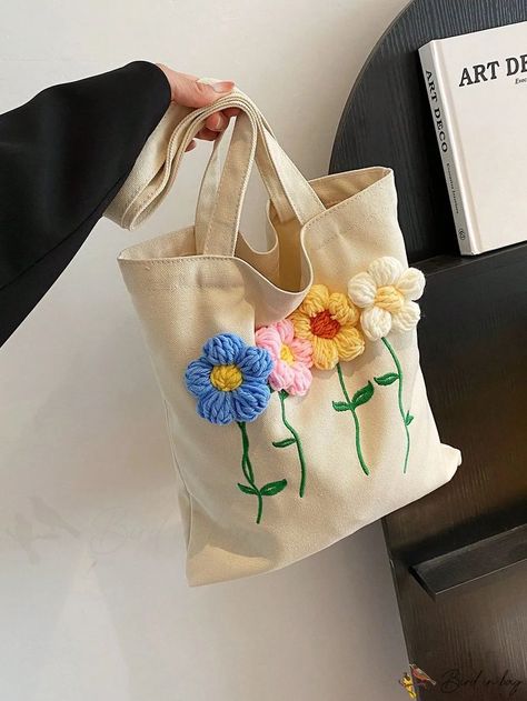 BirdinBag - Floral Print Canvas Shopping Bag: Ideal for Grocery Shopping & Errands Abstract Embroidery, Embroidered Tote Bag, Hand Embroidery Videos, Crochet Fingerless Gloves, Embroidered Tote, Embroidery Videos, Creative Embroidery, Floral Canvas, Tote Pattern