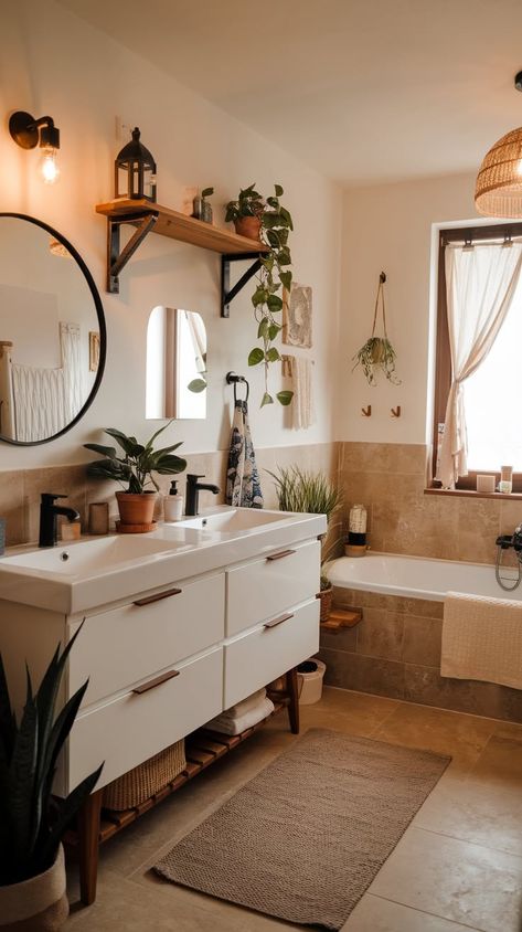 40+ Global-Inspired Bohemian Bathroom Ideas for World Travelers Bath Over Shower Ideas, Vintage Apartment Aesthetic Bathroom, Earthy Bathroom Aesthetic, Room Boho Ideas, Small Boho Bathroom Ideas, Cozy Bathroom Aesthetic, Boho Small Bathroom, Bathroom Inspo Aesthetic, Earth Tone Bathroom