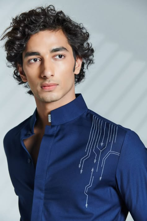 Buy S&N by Shantnu Nikhil Blue Terylene Slim Fit Shirt Online | Aza Fashions Formal Designer Shirts For Men, Men Shirt Style Formal Mens Fashion 2023, Mens Shirt With Embroidery, Embroidery On Shirts Men, Club Wear Men, Suit Pant Design, Formal Shirt Design, Embroidery Shirt Men, Short Kurta For Men