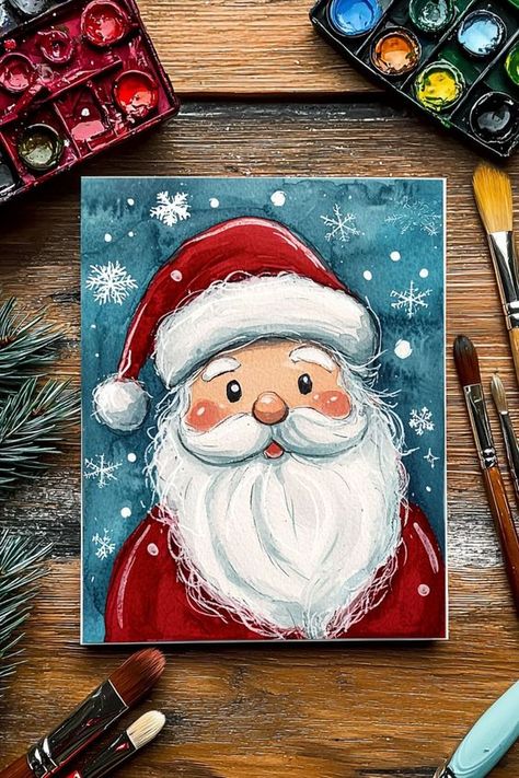 Christmas Day Paintings, New Christmas Card Ideas, Christmas Cards Painting Ideas, Merry Christmas Art Painting, Christmas Drawing Painting, Christmas Art Santa, Christmas Inspired Paintings, Diy Santa Painting, Diy Kid Christmas Cards