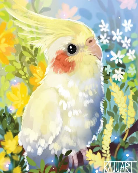 Cockatiel Painting Acrylic, Aesthetic Cockatiel, Cockatiel Aesthetic, Cockatiel Painting, Cockatiel Drawing, Cockatiel Art, Bird Digital Art, Birds Aesthetic, Bird With Flowers