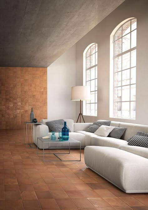 Terracota Floor Living Rooms, Porcelain Stoneware Floor, Terracotta Living Room, Southwest Interior, Terracotta Floors, Mediterranean Interior Design, Modern Apartment Decor, Floor Living Room, Mediterranean Interior