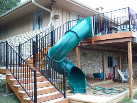 A slide is a great way to add fun and uniqueness to your two story deck.  Plus the kids will love it! Deck Slide, Second Story Deck, Backyard Games, Diy Deck, Backyard Deck, Deck Railings, Dream Backyard, Building A Deck, Decks And Porches