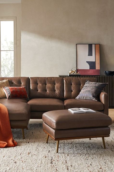 7 Best Leather Sofas To Shop In Australia 2023 | Better Homes and Gardens Interior Design Palette, Couch With Pillows, Dark Brown Leather Sofa, Basement Den, Brown Leather Ottoman, Home Decor Brown, Hummingbird House, Neutral Sofa, Chic Dresser