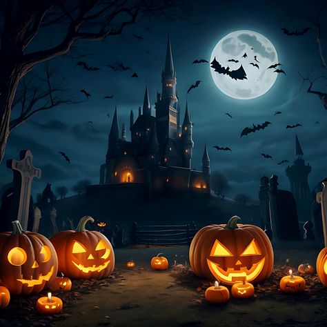 Fundo De Halloween Com Abóboras Assustadoras Velas No Cemitério à Noite Um Castelo#pikbest##Backgrounds Halloween Fundo, Halloween Images Backgrounds, Fundo Halloween, Halloween Poster Ideas, Graveyard At Night, Halloween Imagem, Uk Halloween, Halloween Party Scary, Scary Pumpkins