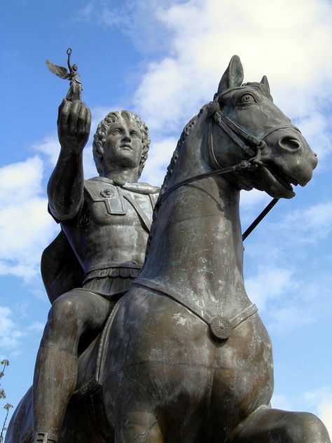 Statue of Alexander the Great riding Bucephalus and carrying a winged statue of Nike (square of Alexander the Great) in Pella city Winged Statue, Alexander The Great Statue, Ancient Alexandria, Macedonia Greece, Greek Pantheon, Equestrian Statue, The Great, 21 July, Greek History