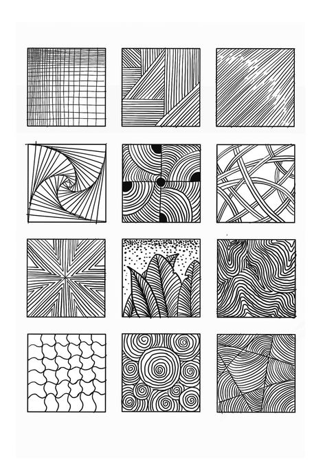 Elements Of Design Line Drawings, Line Patterns Geometric Simple, Drawing Designs Patterns, Rhythm Art Design Pattern, Different Textures Drawing, Drawing With Geometric Shapes, Square Doodles, Texture Art Drawing, Organic Shapes Design Art