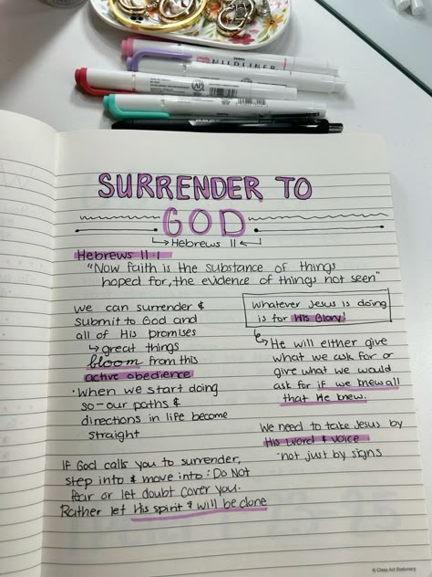 SURRENDER TO GOD Topics For Bible Study, Journaling To God, Aesthetic Bible Study Notes, Bible Study Notes Journal Aesthetic, God Notes Bible Studies Aesthetic, Bible Study Journal Ideas Notebooks, Bible Study Notes For Beginners, Bible Study Notebook Ideas, Church Notes Journal Ideas