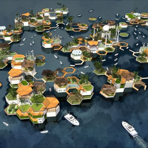 Designing a water resilient neighbourhood Hexagon Landscape Design, Floating Architecture Concept, Hexagon Plan, Floating City Architecture, Floating Community, Floating House Design, Hive Architecture, Flood Proof House, Flood House