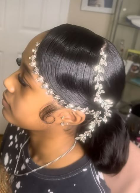 Prom Hairstyles For Black Women With Diamonds, Royal Hairstyles Black Women, Masquerade Hairstyles Black Women, Fancy Black Hairstyles, Ponytail With Gems, Formal Hair Black Women, Elegant Hairstyles Black Women, Prom 2k24, Prom Hairstyles For Black Women