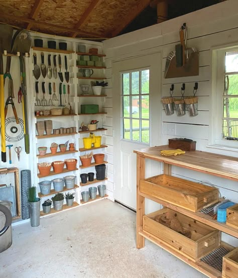 Best garden shed organization I've seen for my uses! - Garden Shed Makeover — Made on 23rd Utility Shed Organization, Garden Shed Windows, What To Do With Unused Front Living Room, Hobby Shed Ideas, Organizing Garden Shed, Inside She Shed Ideas Boho, Diy Backyard Shed Ideas, English Garden Shed, Gardening Sheds Ideas