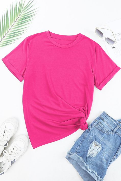 $4.21 Rose Red Casual Plain Crew Neck Tee Wholesale Flower Prints Fashion, Plain Crewneck, Product Mockup, Cricut Fonts, Red Sequin, Round Neck Tees, Roll Up Sleeves, Plus Size Lingerie, Casual Tee