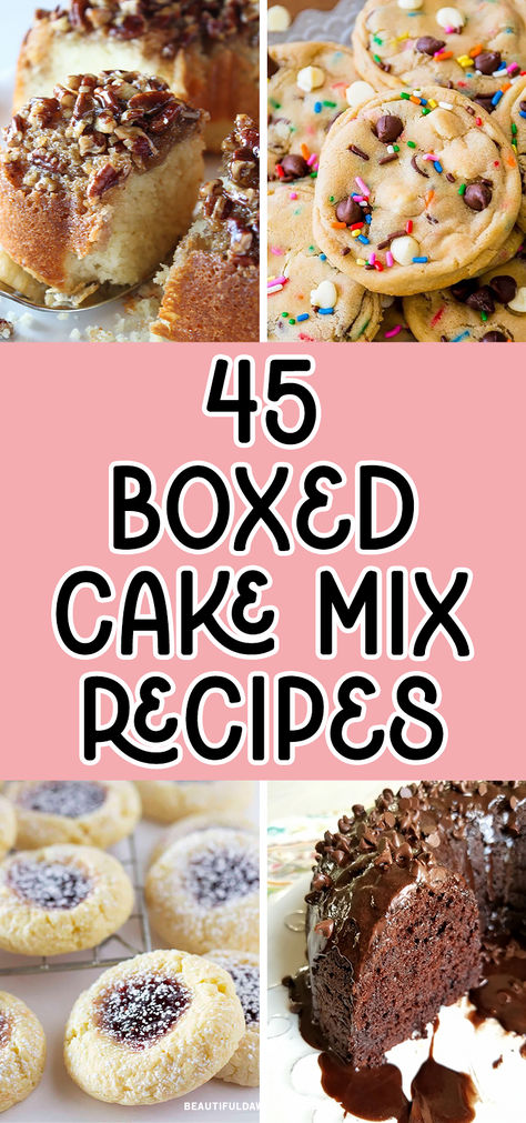 You'll love these easy dessert recieps using boxed cake mix. You find recipes for Yellow Cake Mix Thumbprint Cookies, 5-Ingredient Chocolate Cake, Cake Batter Chocolate Chip Cookies, Pecan Upside Down Bundt Cake and more. These recipes are perfect for a holiday potluck or gathering. Baking With Cake Mix Boxes, Bundt Cakes Made With Cake Mixes, Box Cake Mix Dessert Recipes, Box Cake Mix Into Sponge Cake, Tasty Cakes Recipes, Cake Batter Recipes Boxes, Cake Mix Butter Cake, Carrot Cake Box Mix Recipe, Loaf Recipes Using Cake Mix Boxes