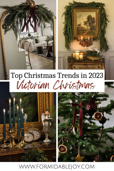 If you're looking for inspiration for Christmas decorations, look no further. Read this blog post to discover how to achieve one of the top Christmas trends in 2023: Victorian Christmas. Victorian Christmas Mantle Decor, Victorian Style Christmas Decorations, Victorian Inspired Christmas, Dickens Christmas Aesthetic, Victorian Christmas Outdoor Decorations, Diy Christmas Decorations Vintage, Victorian Cottage Christmas, Christmas House Display Ideas, Vintage Christmas Traditions