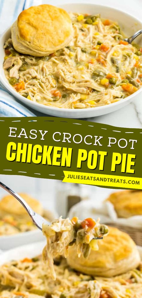 This Crock Pot Chicken Pot Pie is a simple dinner recipe loaded with juicy bites of chicken, and vegetables in a creamy sauce with a biscuit on top. This homemade chicken pot pie will be your new go-to comfort food! Chicken Pot Pie Recipe Crockpot, Slow Cooker Chicken Pot Pie, Chicken Potpie, Crockpot Chicken Pot Pie, Creamy Chicken Pot Pie, Homemade Chicken Pot Pie, Chicken Pot Pie Recipe, Chicken Pot Pie Soup, Easy Crockpot Dinners