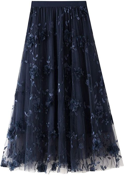 Amazon.com: Women's Tulle Skirt Pleated Tutu Skirts Elastic High Waist Elegant Lace Floral Printed Mesh Lady A Line Midi Skirt (Navy Blue-Embroidery, One Size) : Clothing, Shoes & Jewelry Womens Tulle Skirt, Mesh Embroidery, Gauze Skirts, High Waist Long Skirt, Embroidered Skirt, Floral Midi Skirt, Spring Fabric, Fairy Dress, Mid Length Skirts